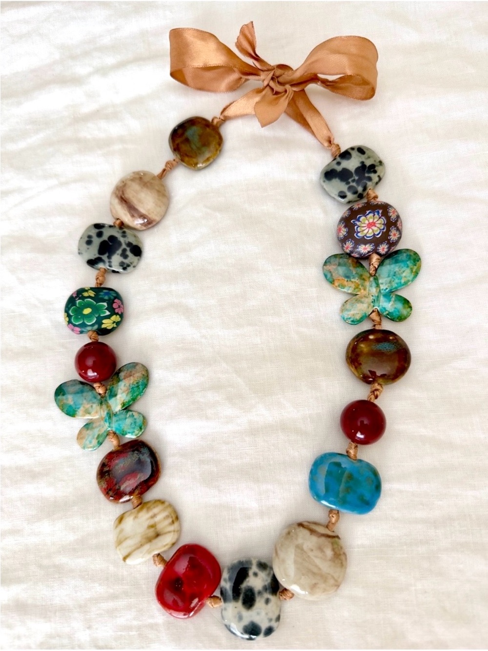 Handmade🇫🇷 in France Multicolor Stone & Ribbon Statement Necklace. NEW